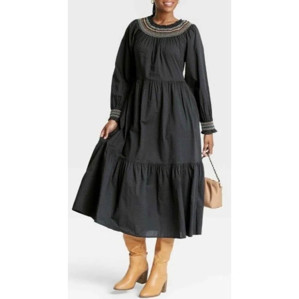 Universal Thread Black Midi Tiered Long-Sleeve Dress